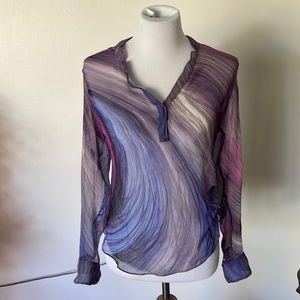 Elizabeth and James psychedelic swirly purple patterned 100% silk blouse size s